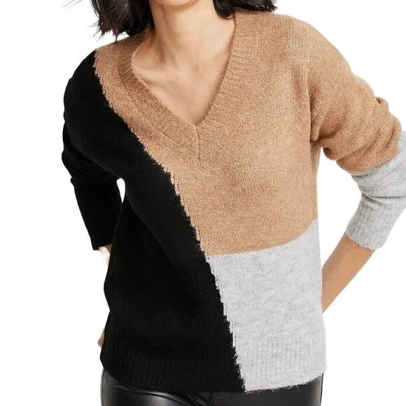 Vigoss Sweater Size Medium Colorblock V Neck Knit Cozy Pullover Long Sleeve Tan - Picture 9 of 10